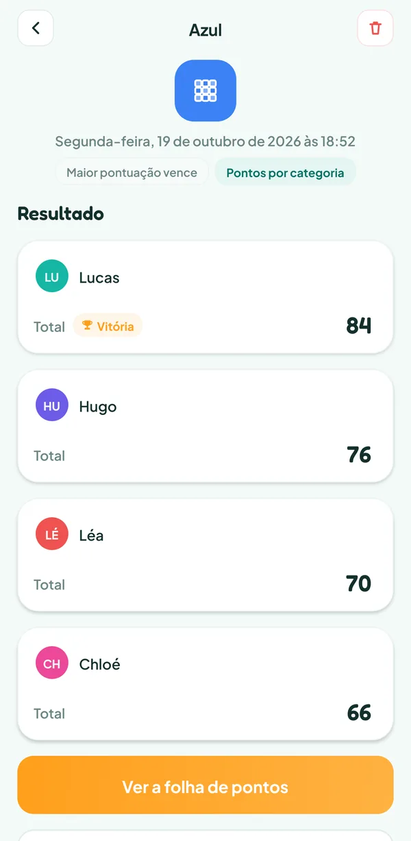 Tela do Teamzy: a partida de Azul no histórico, vencida por Lucas