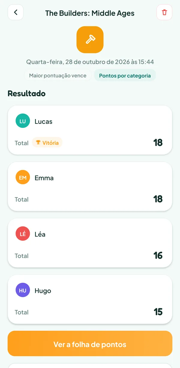 Tela do Teamzy: a partida de The Builders: Middle Ages no histórico, Lucas vencedor, depois Emma, Léa e Hugo