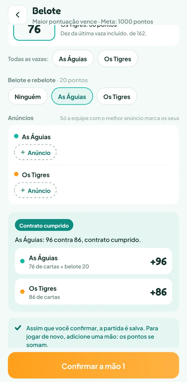 Tela do Teamzy: contrato cumprido para as Águias graças à belote, 96 pontos contra 86