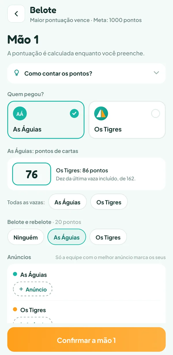 Tela do Teamzy: registro de uma mão de Belote, com a equipe que pegou, os pontos de cartas e a belote