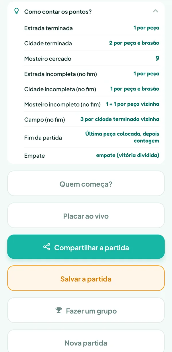 Tela do Teamzy: a ajuda "Como contar os pontos?" de Carcassonne, com o valor das estradas, cidades e mosteiros, terminados ou incompletos, e dos campos