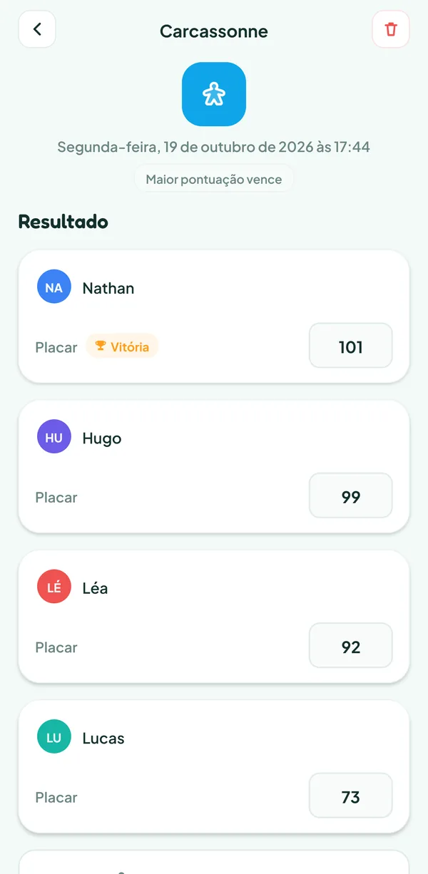 Tela do Teamzy: a partida de Carcassonne no histórico, vencida por Nathan com 101 pontos