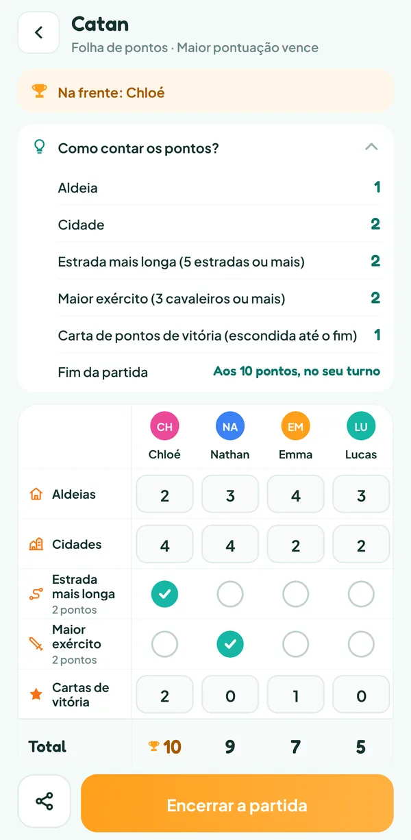 Tela do Teamzy: a ajuda "Como contar os pontos?" de Catan, com o valor das aldeias, das cidades, das duas cartas especiais e das cartas de pontos de vitória