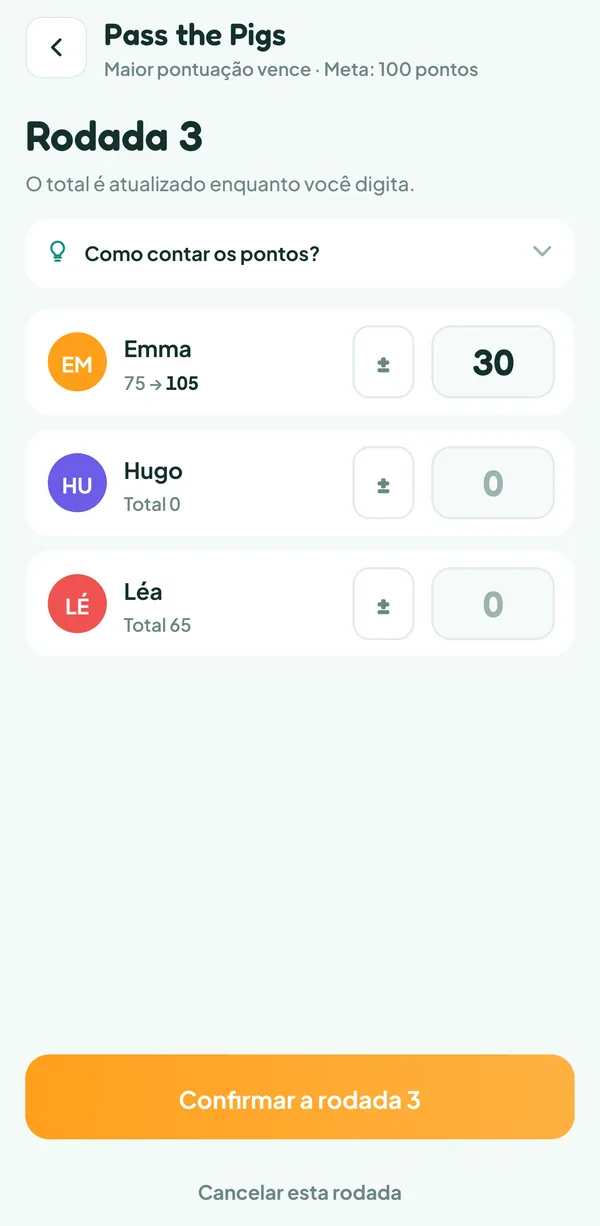 Tela do Teamzy: digitação da rodada 3 do Pass the Pigs, 30 pontos para Emma, as casas de Hugo e de Léa vazias
