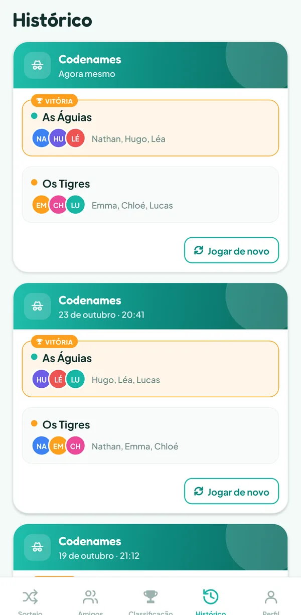 Tela do Teamzy: a partida de Codenames no histórico, vencida pelas Águias