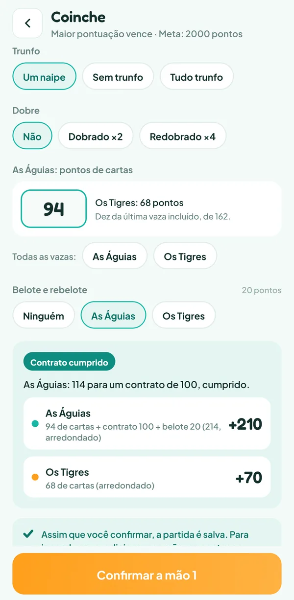 Tela do Teamzy: contrato de 100 cumprido pelas Águias graças à belote, 210 pontos contra 70 depois do arredondamento