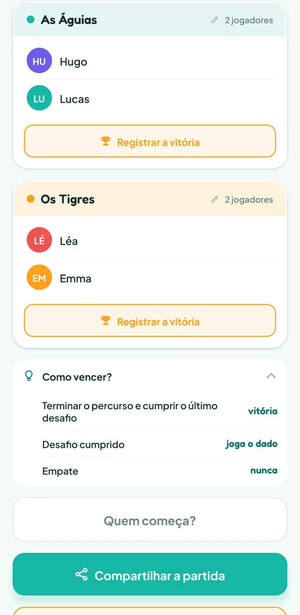 Tela do Teamzy: a ajuda "Como vencer?" do Cranium: "Terminar o percurso e cumprir o último desafio", vitória; "Desafio cumprido", joga o dado; "Empate", nunca