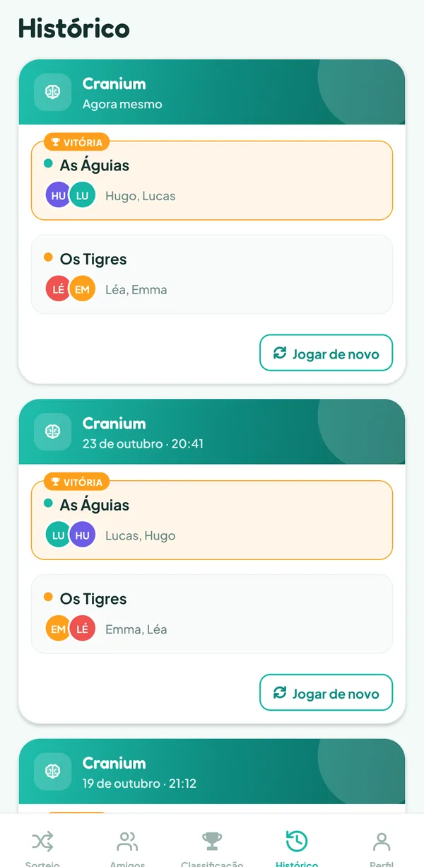 Tela do Teamzy: a partida de Cranium no histórico, vencida pelas Águias