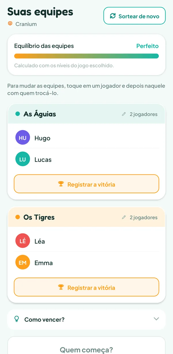 Tela do Teamzy: o sorteio de Cranium, duas equipes de dois equilibradas por nível, as Águias (Lucas, Hugo) contra os Tigres (Emma, Léa)