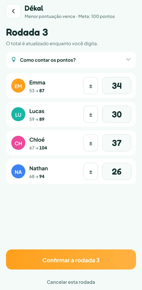 Tela do Teamzy: anotação da rodada 3 do Dékal, os totais de Emma, Lucas, Chloé e Nathan estão digitados