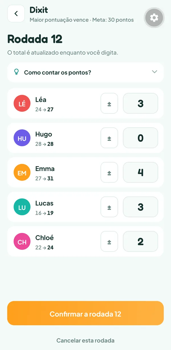 Tela do Teamzy: a rodada 12 de uma partida de Dixit sendo digitada, 3 para Léa, 0 para Hugo, 4 para Emma, 3 para Lucas e 2 para Chloé