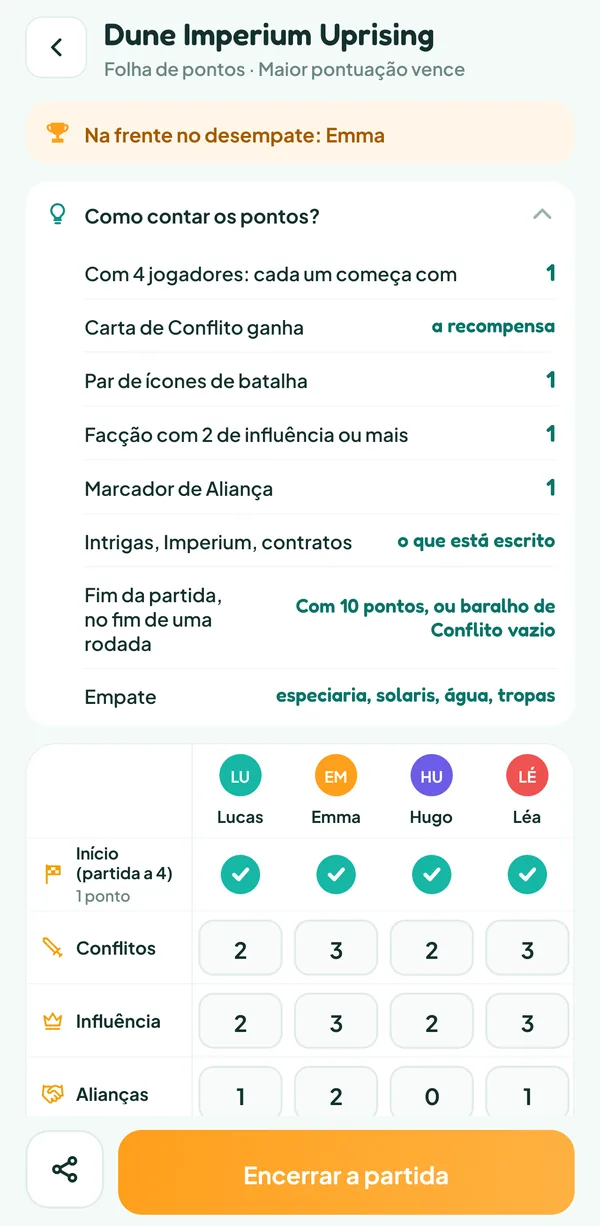 Tela do Teamzy: a ajuda "Como contar os pontos?" de Dune Imperium Uprising, com a origem de cada ponto de vitória, o fim da partida e a ordem do desempate