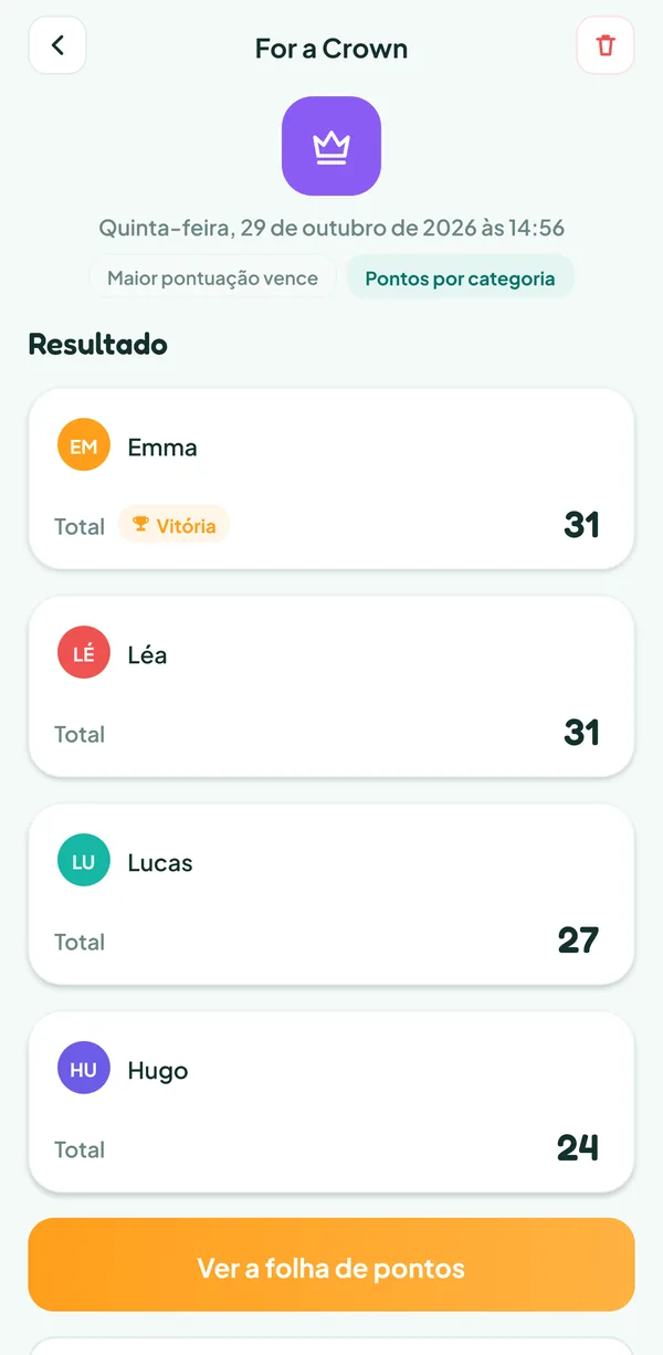 Tela do Teamzy: a partida de For a Crown no histórico, vencida por Emma