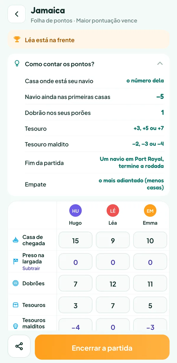 Tela do Teamzy: a ajuda "Como contar os pontos?" do Jamaica, com o valor da casa, dos dobrões, dos tesouros e dos tesouros malditos