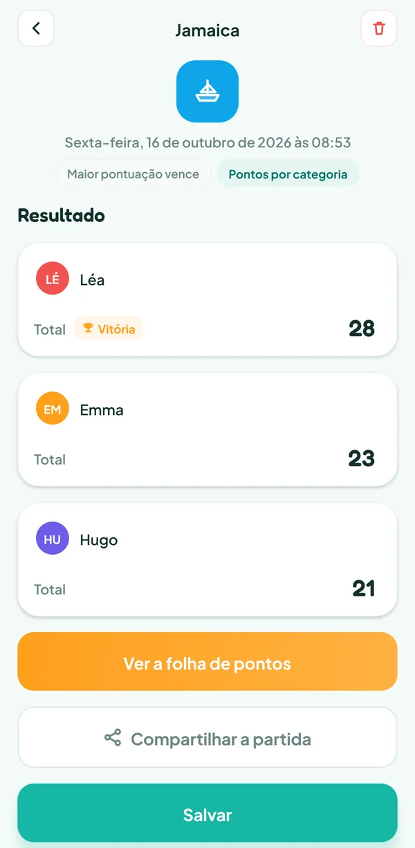 Tela do Teamzy: a partida de Jamaica no histórico, vencida por Léa