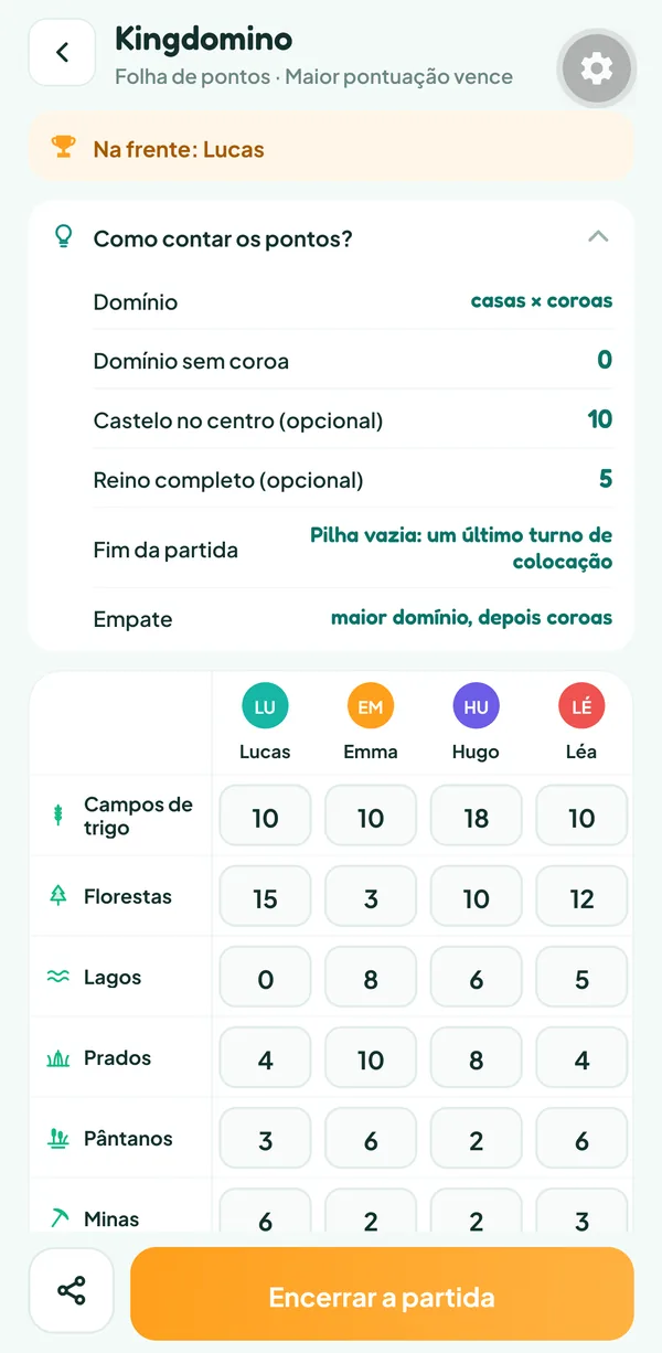 Tela do Teamzy: a ajuda "Como contar os pontos?" do Kingdomino, com o valor de um domínio, dos dois bônus e do desempate