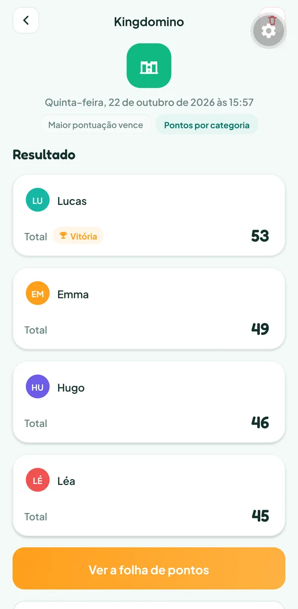 Tela do Teamzy: a partida de Kingdomino no histórico, vencida por Lucas