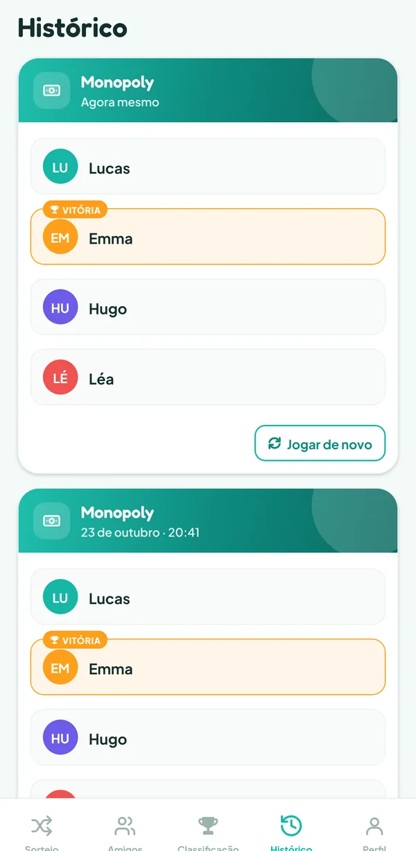 Tela do Teamzy: a partida de Monopoly no histórico, vencida por Emma