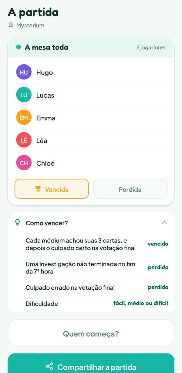 Tela do Teamzy: a ajuda "Como vencer?" do Mysterium aberta: "Cada médium achou suas 3 cartas, e depois o culpado certo na votação final: vencida", "Uma investigação não terminada no fim da 7ª hora: perdida", "Culpado errado na votação final: perdida", "Dificuldade: fácil, médio ou difícil"