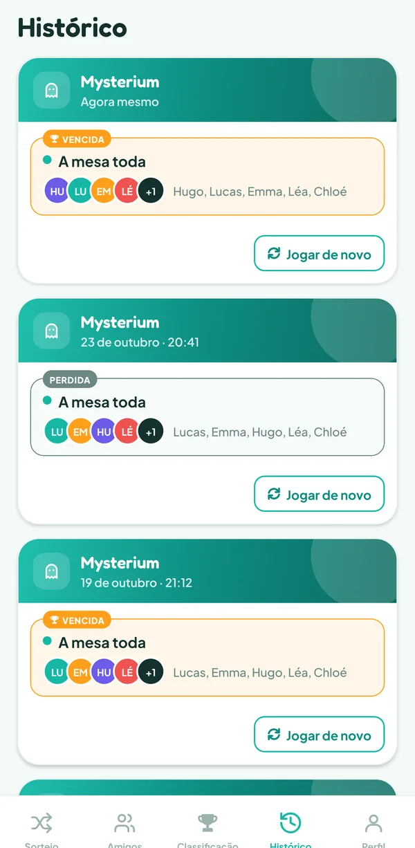 Tela do Teamzy: o histórico, a partida de Mysterium vencida "Agora mesmo" no topo, com as etiquetas Vencida e A mesa toda, depois uma partida perdida e uma vencida