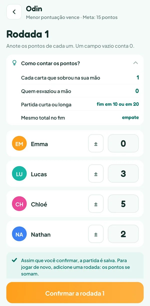 Tela do Teamzy: entrada da rodada 1 do Odin com a ajuda «Como contar os pontos?» aberta (cada carta que sobrou na sua mão, 1; quem esvaziou a mão, 0; partida curta ou longa, fim em 10 ou em 20; mesmo total no fim, empate), Emma 0, Lucas 3, Chloé 5 e Nathan 2