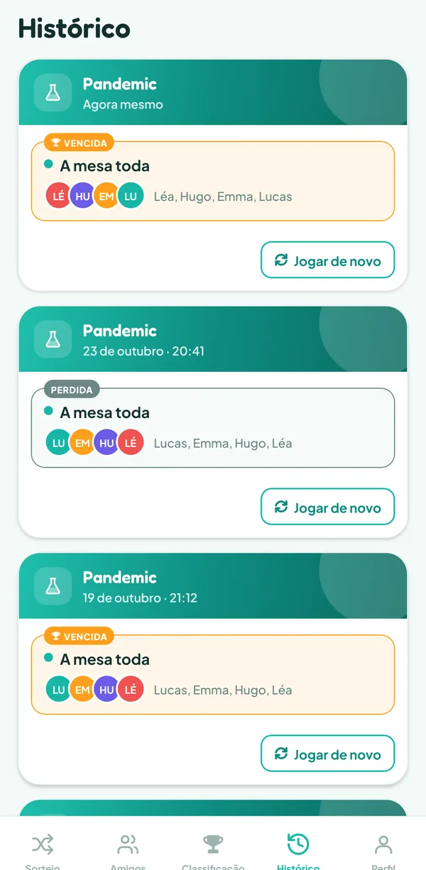 Tela do Teamzy: a partida de Pandemic no histórico, vencida pela mesa toda