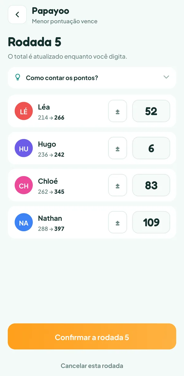 Tela do Teamzy: a rodada 5 de uma partida de Papayoo sendo digitada, 52 pontos para Léa, 6 para Hugo, 83 para Chloé e 109 para Nathan