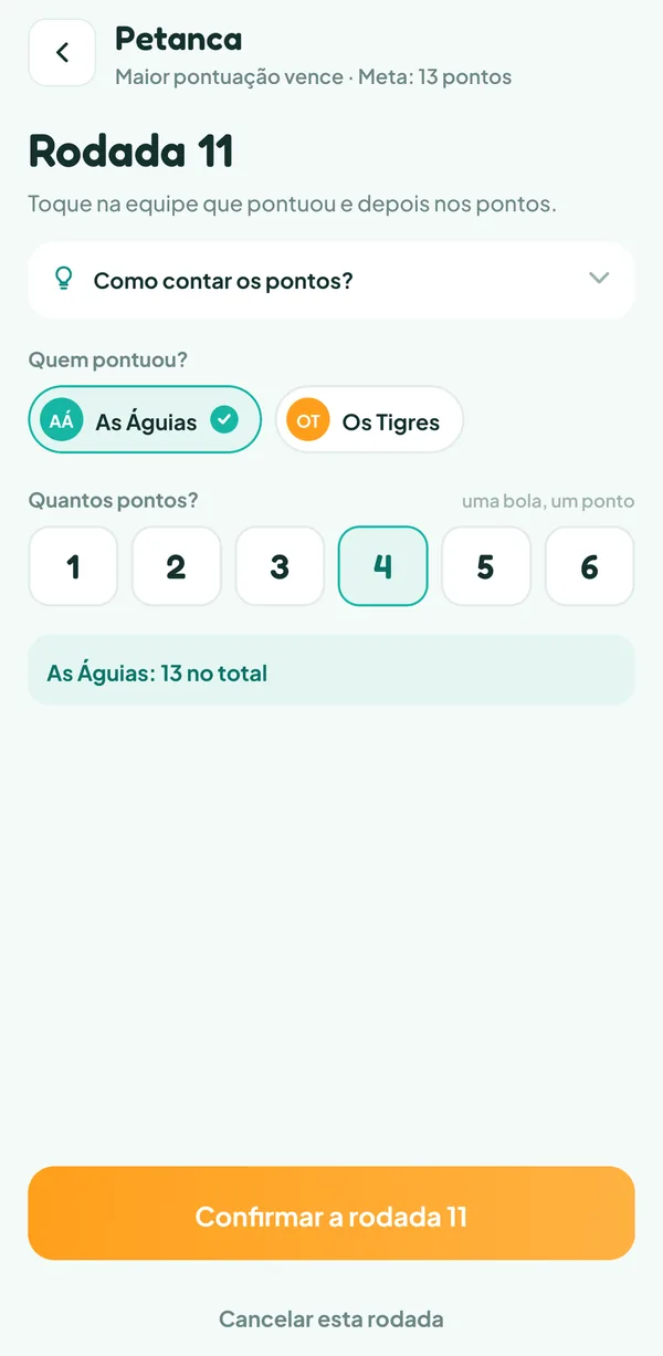 Tela do Teamzy: anotação da rodada 11 de petanca, as Águias marcam 4 pontos e passam de 9 a 13