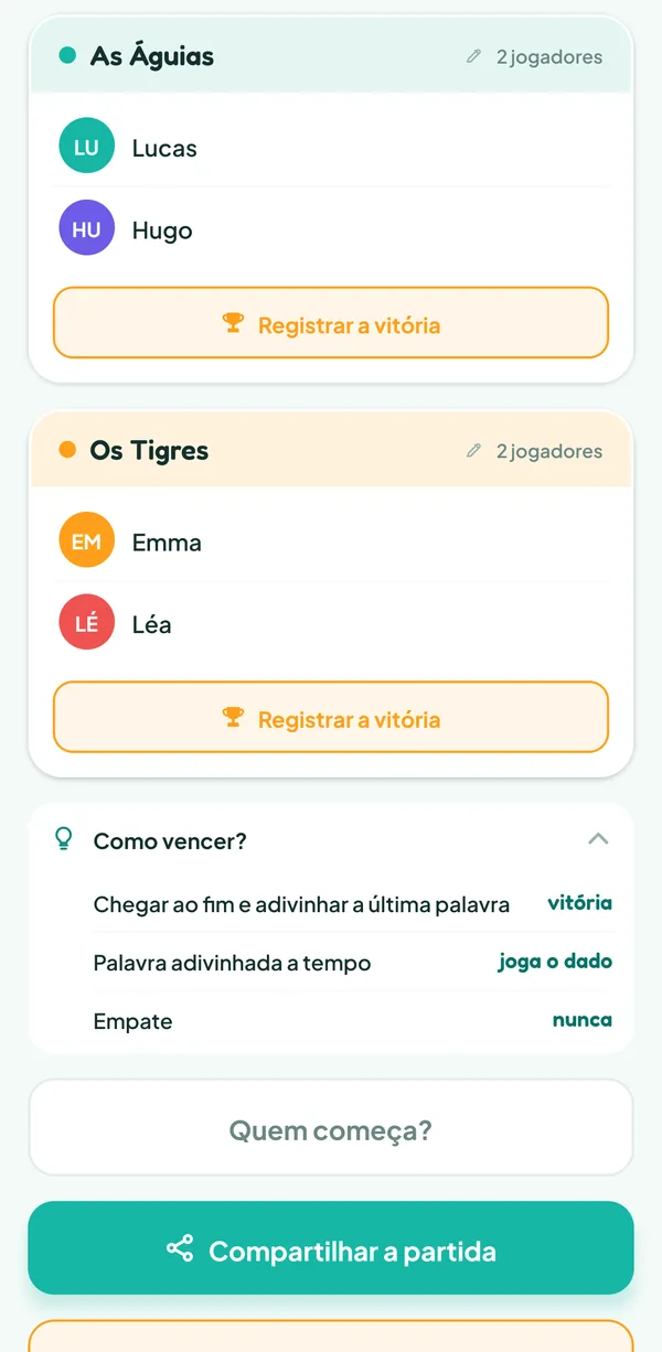 Tela do Teamzy: a ajuda "Como vencer?" do Pictionary: "Chegar ao fim e adivinhar a última palavra", vitória; "Palavra adivinhada a tempo", joga o dado; "Empate", nunca