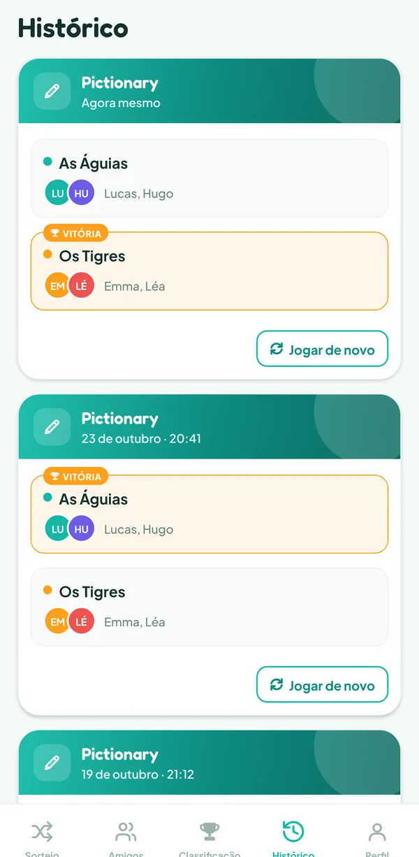 Tela do Teamzy: a partida de Pictionary no histórico, vencida pelos Tigres