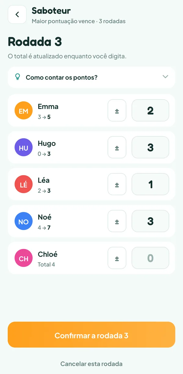 Tela do Teamzy: digitação da rodada 3 do Saboteur, 2 pepitas para Emma, 3 para Hugo, 1 para Léa, 3 para Noé, a casa de Chloé vazia