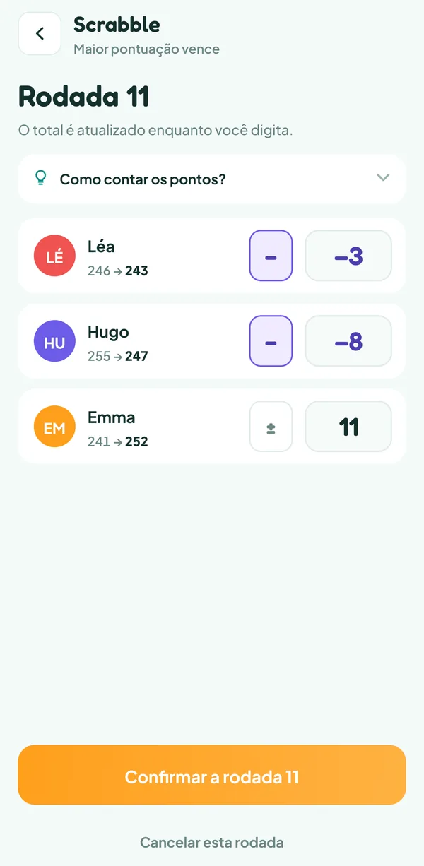 Tela do Teamzy: anotação da última rodada do Scrabble, a das letras que sobraram: −3 para Léa, −8 para Hugo e 11 para Emma, que usou todas as letras