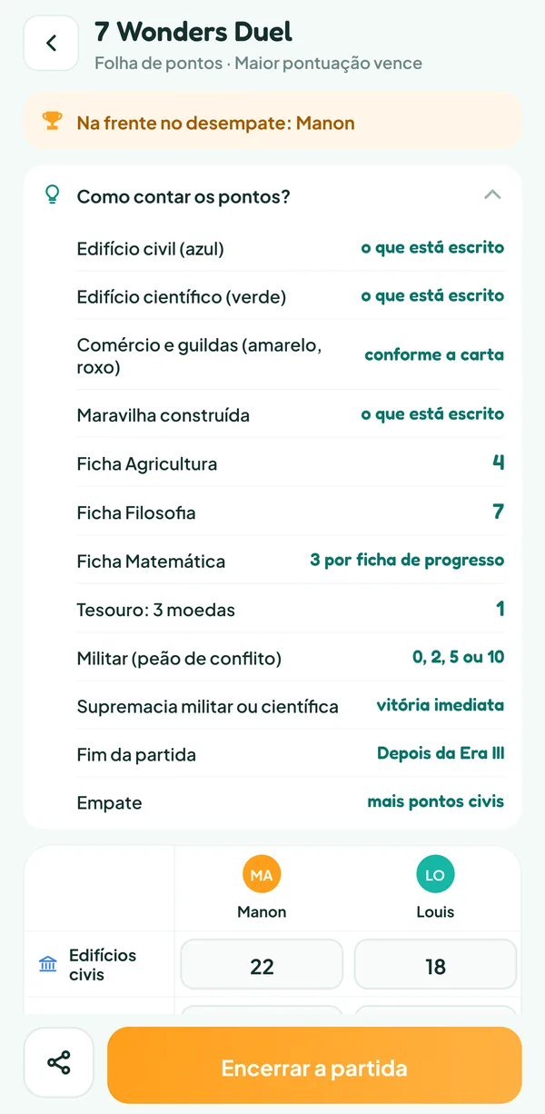 Tela do Teamzy: a ajuda "Como contar os pontos?" do 7 Wonders Duel, com os pontos de cada categoria e a vitória imediata