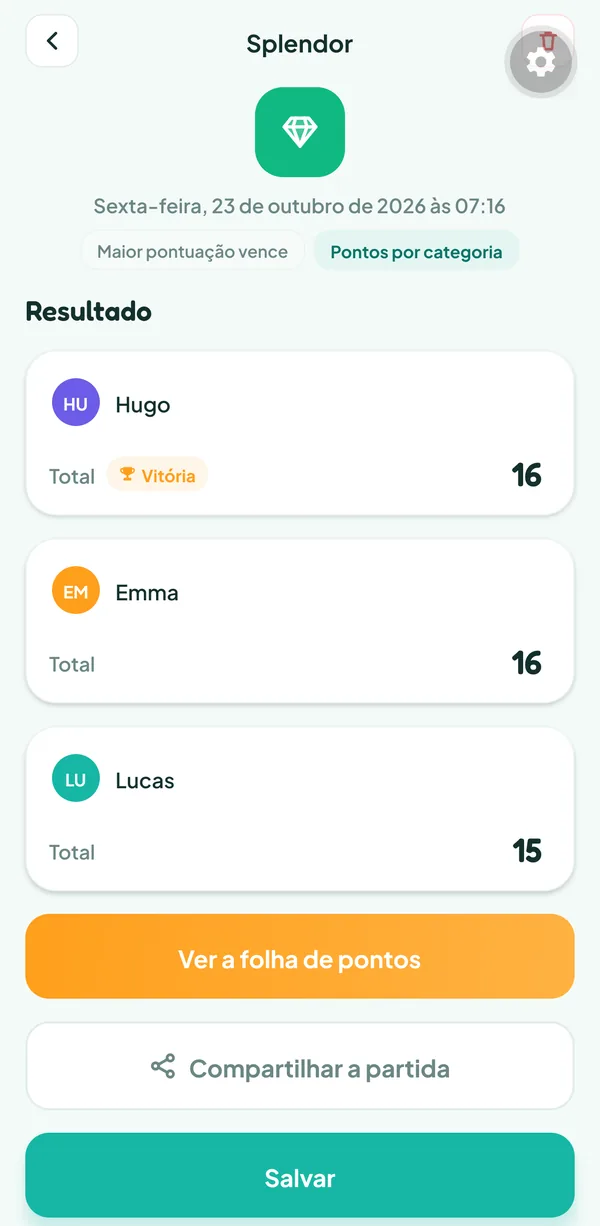 Tela do Teamzy: a partida de Splendor no histórico, vencida por Hugo