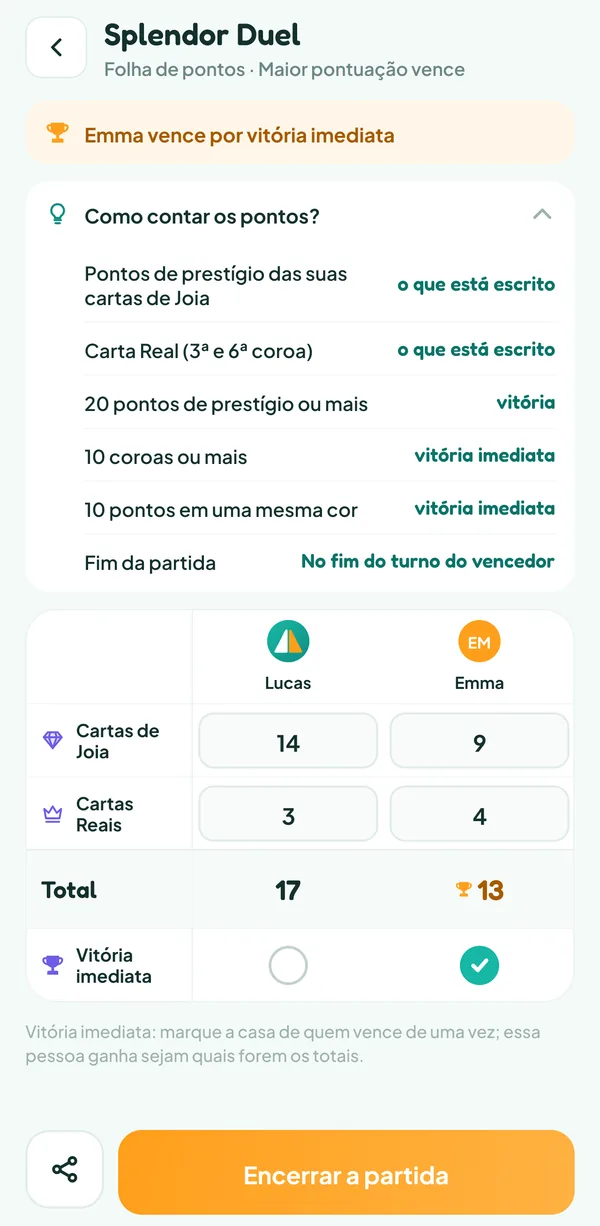 Tela do Teamzy: a ajuda "Como contar os pontos?" do Splendor Duel, com as três vitórias