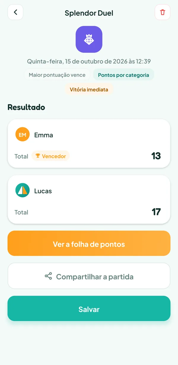 Tela do Teamzy: a partida de Splendor Duel no histórico, vencida por Emma por vitória imediata