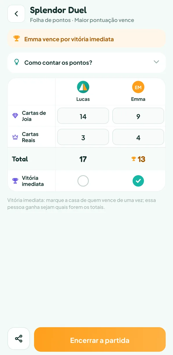 Tela do Teamzy: a casa Vitória imediata de Emma marcada, ela vence apesar dos 13 pontos