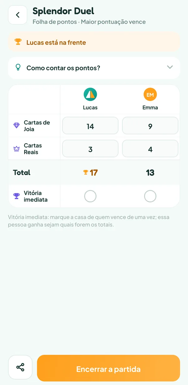 Tela do Teamzy: a folha de pontos do Splendor Duel preenchida, Lucas está na frente por 17 a 13
