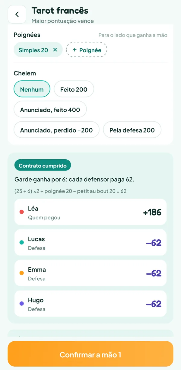 Tela do Teamzy: a garde de Léa ganha por 6, +186 para ela e −62 para cada defensor