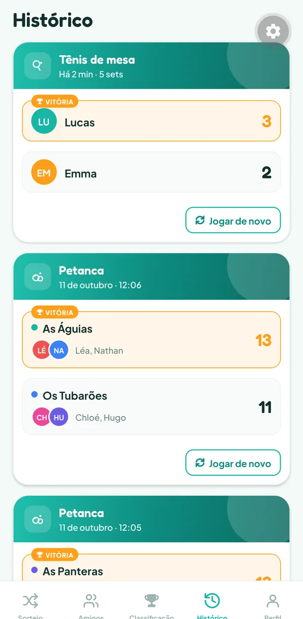 Tela do Teamzy: fim de uma partida de tênis de mesa, Lucas vence por 3 sets a 2 contra Emma