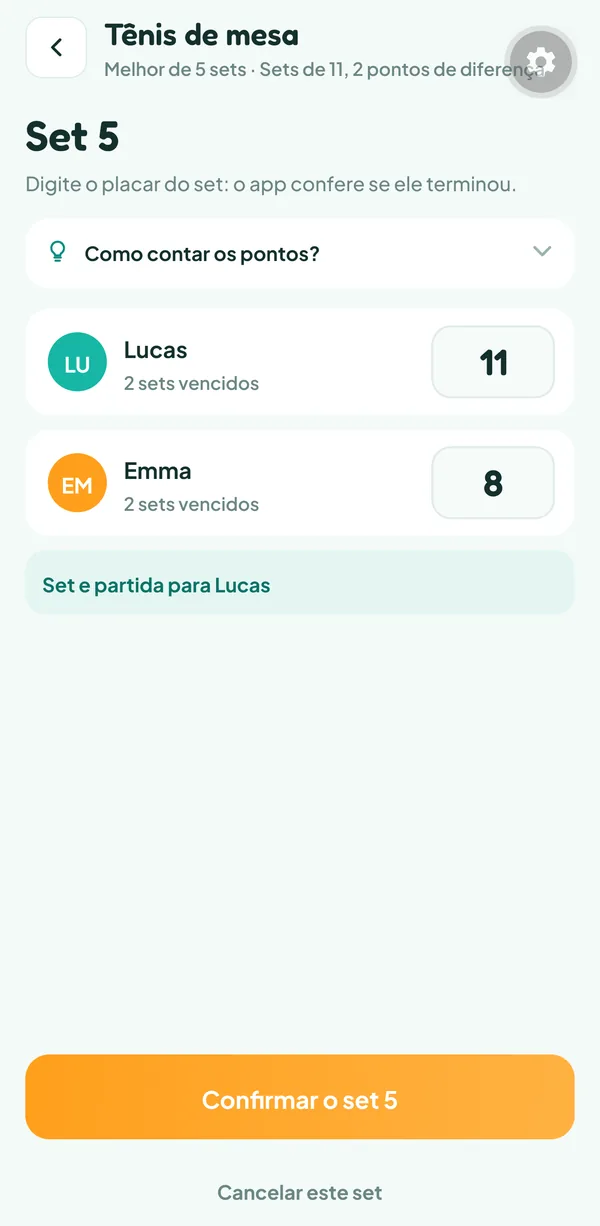 Tela do Teamzy: placar do set 5 de uma partida de tênis de mesa, Lucas 11 e Emma 8, set e partida para Lucas