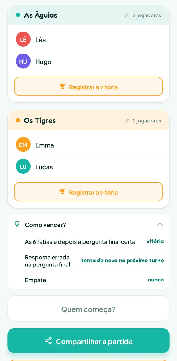 Tela do Teamzy: a ajuda "Como vencer?" do Trivial Pursuit: "As 6 fatias e depois a pergunta final certa", vitória; "Resposta errada na pergunta final", tenta de novo no próximo turno; "Empate", nunca