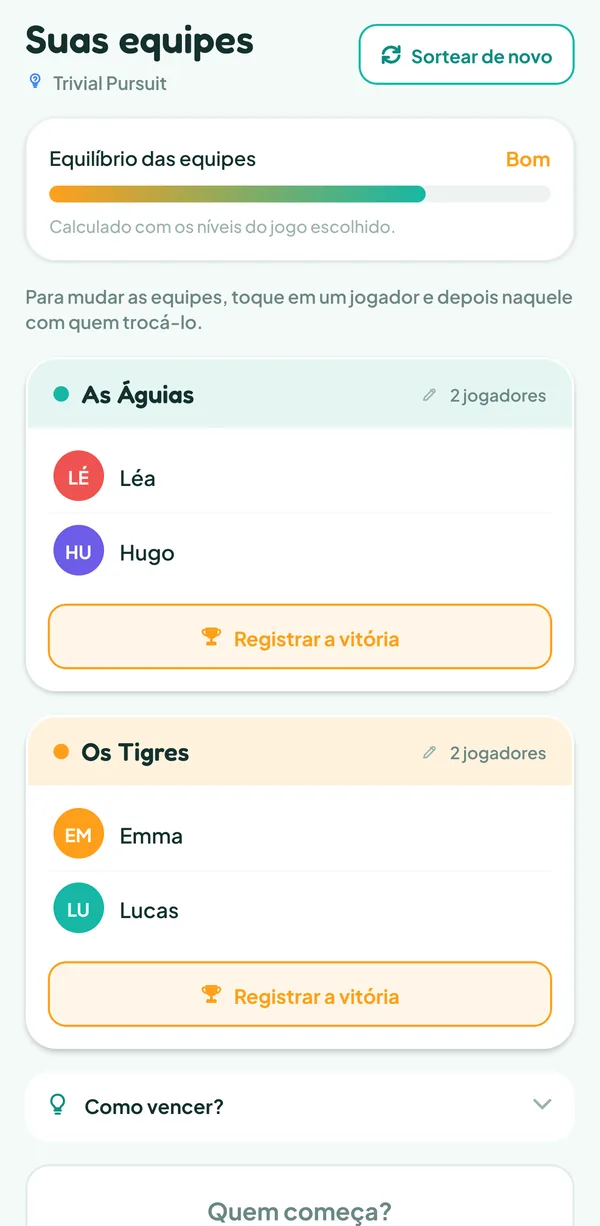 Tela do Teamzy: o sorteio de Trivial Pursuit, duas equipes de dois equilibradas por nível, as Águias (Léa, Hugo) contra os Tigres (Emma, Lucas)
