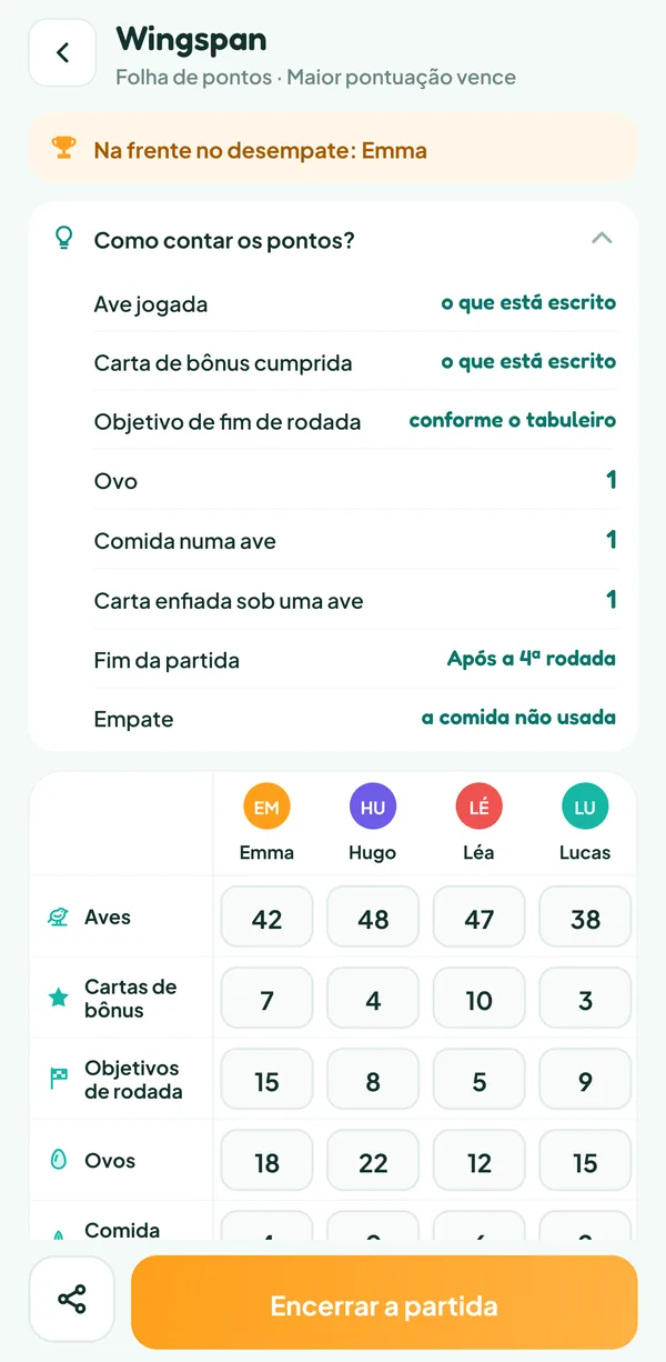 Tela do Teamzy: a ajuda "Como contar os pontos?" de Wingspan, com o valor das aves, das cartas de bônus, dos objetivos, dos ovos, da comida e das cartas enfiadas
