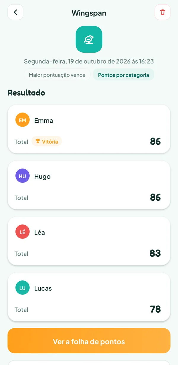 Tela do Teamzy: a partida de Wingspan no histórico, vencida por Emma